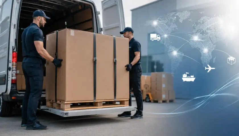 Dwóch mężczyzn ładuje dużą paczkę na palecie do ciężarówki. Globalna sieć logistyczna z ikonami transportu sugeruje tanią paletę w akcji.