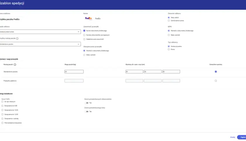 Konfiguracja szablonu "Szybka paczka FedEx" dla **fedex przekierowanie**. Ustawienia odbioru, wagi, wymiarów i dodatkowych usług.