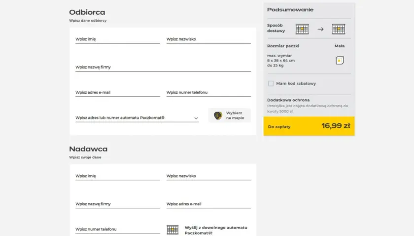 Formularz nadania paczki. Czy trzeba nakleić etykietę InPost? Nie, system generuje ją automatycznie.