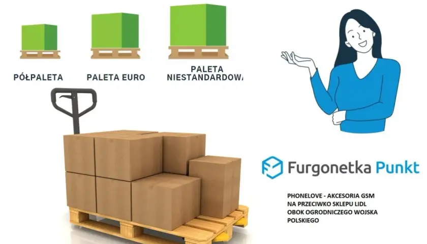 Wysyłka półpalety najtaniej. Półpaleta z kartonami gotowa do transportu. Obok grafiki przedstawiające rodzaje palet i uśmiechniętą kobietę.