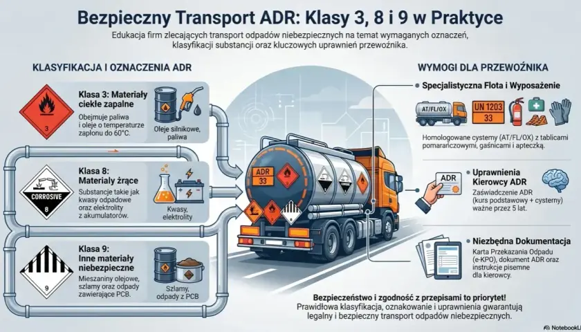 Ciężarówka ADR przewozi materiały niebezpieczne klas 3, 8 i 9. Ilustracja pokazuje oznaczenia ADR, wymagania dla kierowcy i dokumentację.