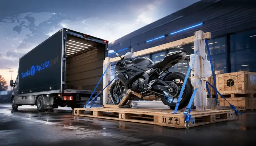 Czarny motocykl na palecie czeka na wysyłkę kurierem. Ciężarówka z logo Tania Paczka.net gotowa do odbioru.