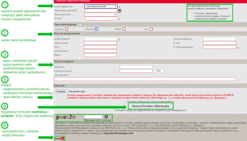 Formularz zgłoszenia reklamacji uszkodzonej paczki. Wpisz dane, opisz zawartość i uszkodzenie, załącz dokumenty, wygeneruj i wyślij formularz.