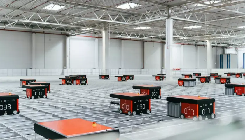 Nowoczesny magazyn z robotami realizującymi automatyzację logistyki. Mobilne jednostki poruszają się po siatce, usprawniając przepływ towarów.