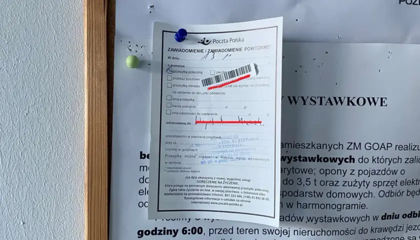 Awizo Poczty Polskiej informuje o próbie doręczenia przesyłki. Czy Pocztex zostawia awizo? Tak, jak widać na tym zawiadomieniu.