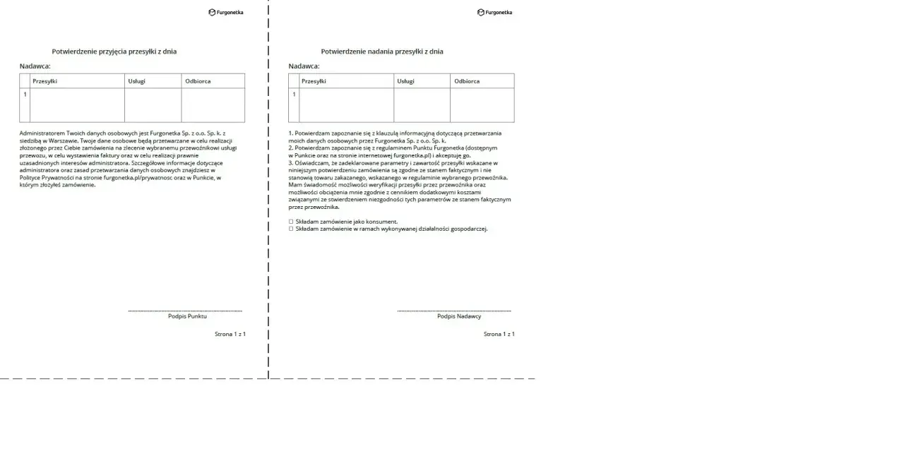 Dokumenty Furgonetki dotyczące potwierdzenia przyjęcia i nadania przesyłki. Czy kurier ma obowiązek poczekać na sprawdzenie paczki? Dokumenty nie precyzują tego bezpośrednio.