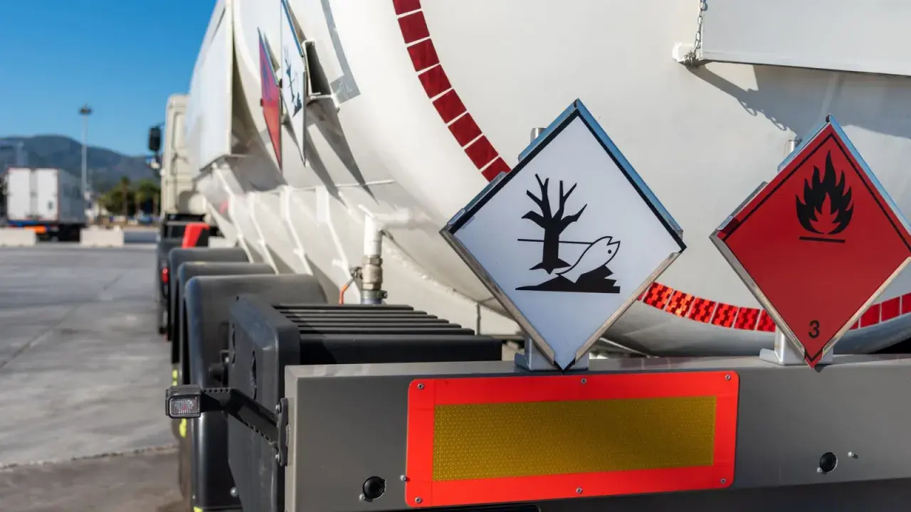 Zbliżenie na cysternę z oznaczeniami ADR. Widoczne symbole zagrożenia ekologicznego i łatwopalności.