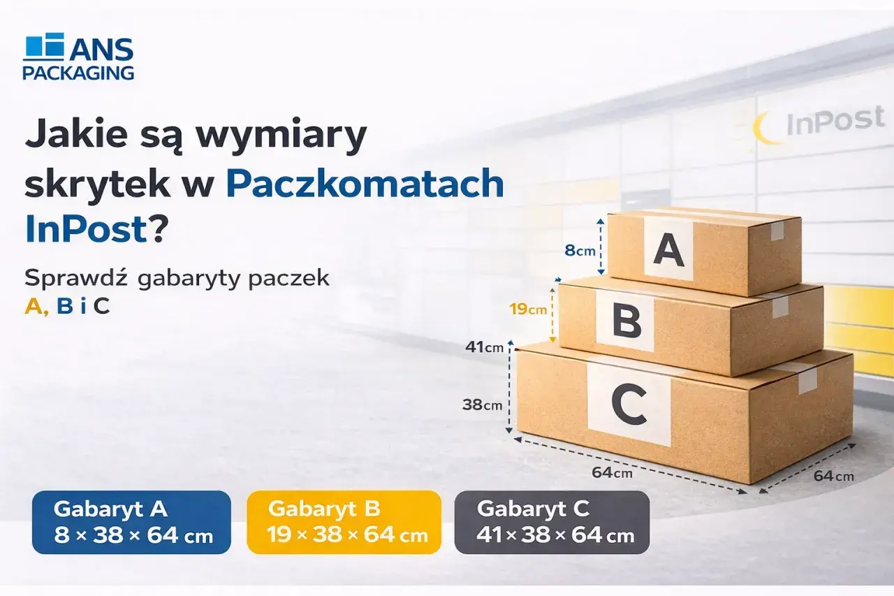 Wymiary paczek A, B, C do Paczkomatów InPost: A (8x38x64cm), B (19x38x64cm), C (41x38x64cm).