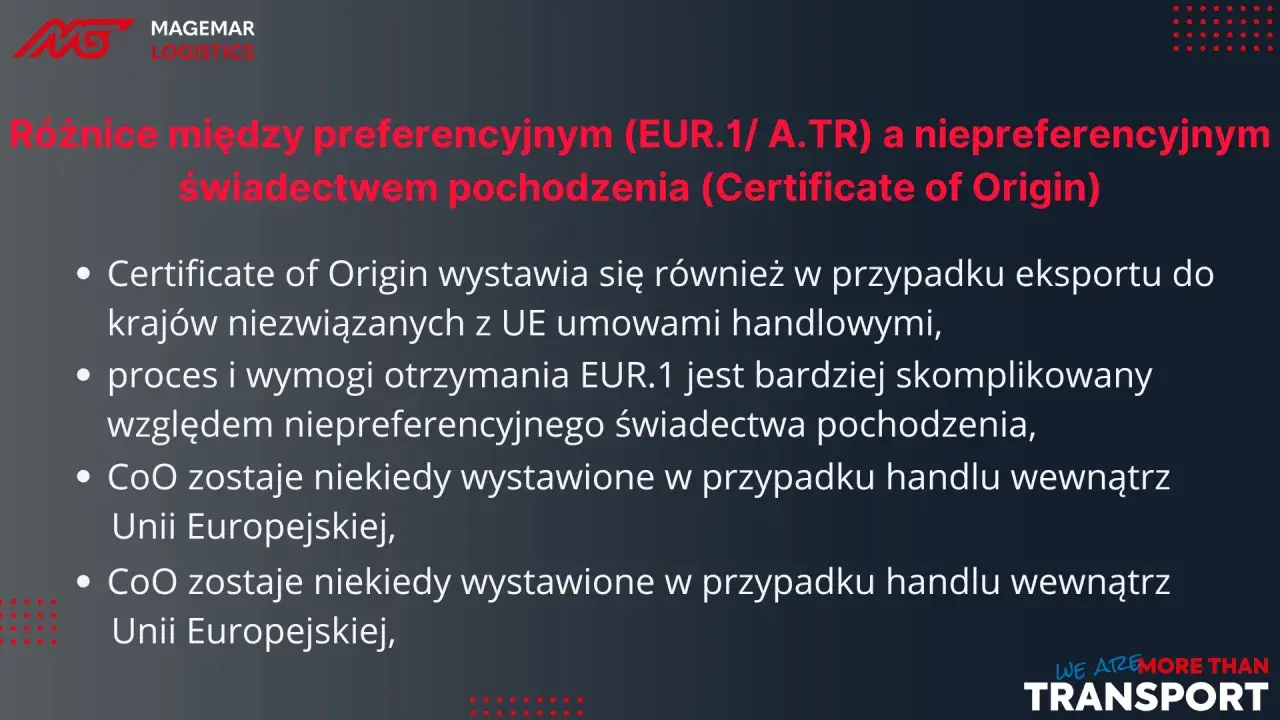 Różnice między preferencyjnym (EUR.1) a niepreferencyjnym świadectwem pochodzenia. EUR.1 jest bardziej skomplikowane.