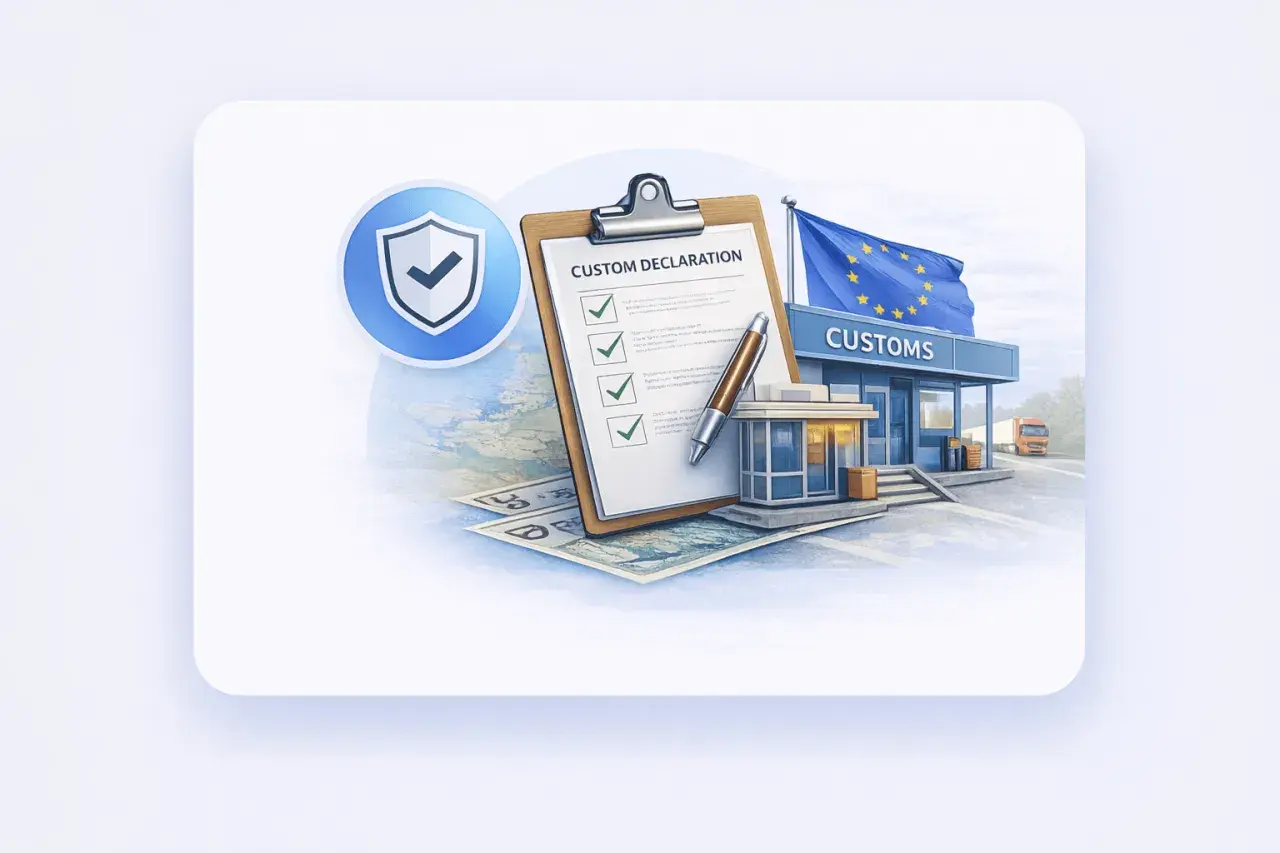 Dokument "Custom Declaration" na tle budynku celnego z flagą UE. Odprawa fiskalna przebiega sprawnie dzięki zaznaczonym punktom.