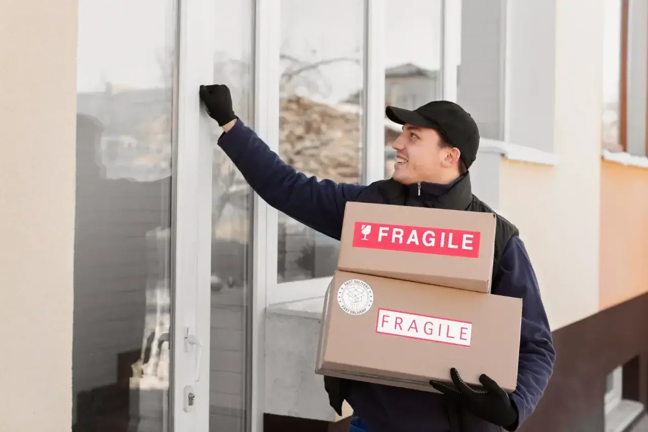 Kurier z paczkami z napisem "FRAGILE" puka do drzwi, realizując wysyłkę szyby samochodowej kurierem.
