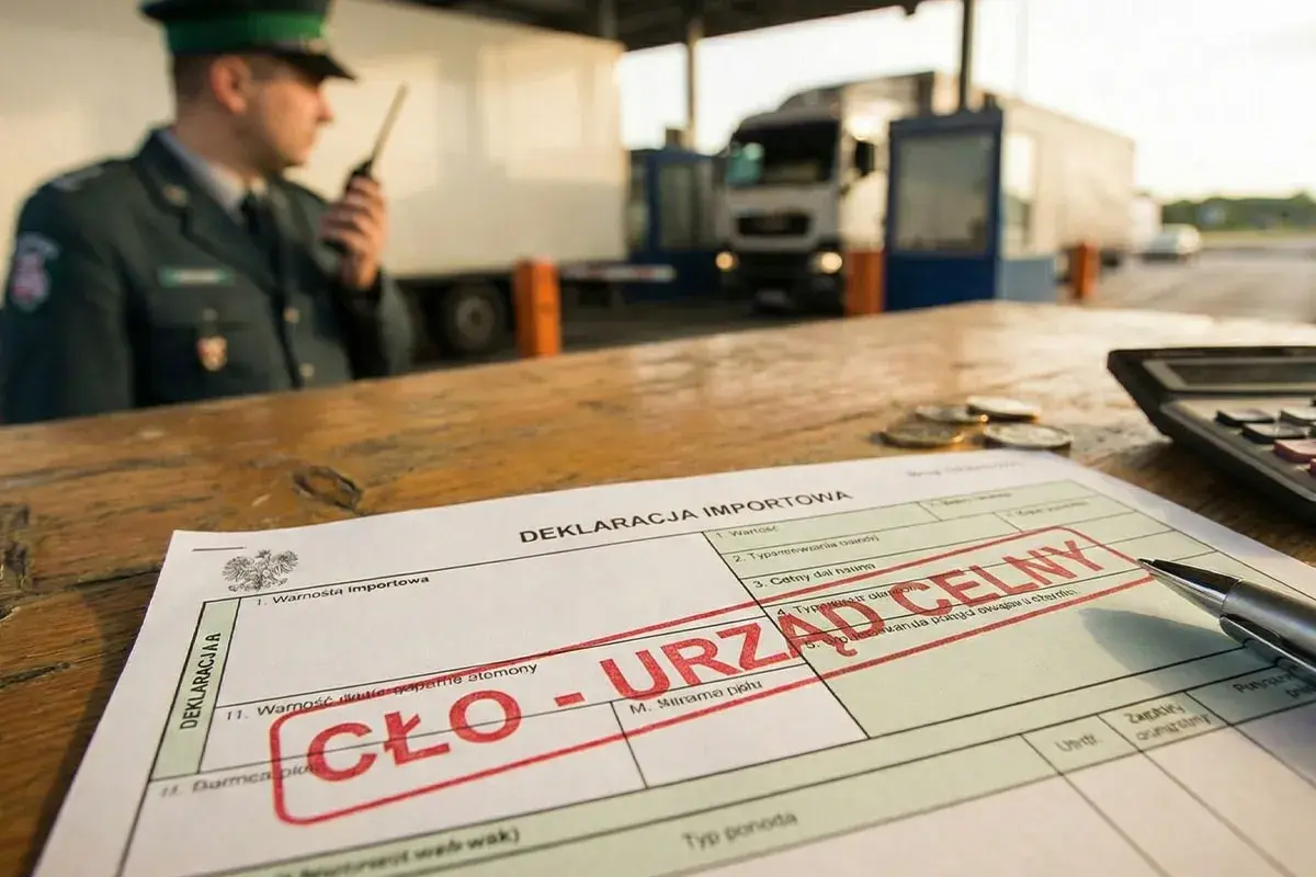 Na stole leży deklaracja celna z pieczątką "URZĄD CELNY". W tle widać funkcjonariusza Straży Granicznej i ciężarówkę, co sugeruje sytuację, kiedy płacimy cło w UE.