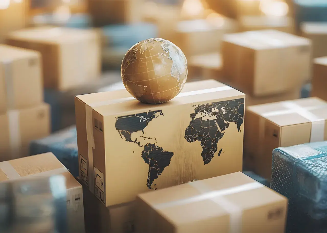 Ziemia na kartonie z mapą świata symbolizuje FedEx przesyłki międzynarodowe.