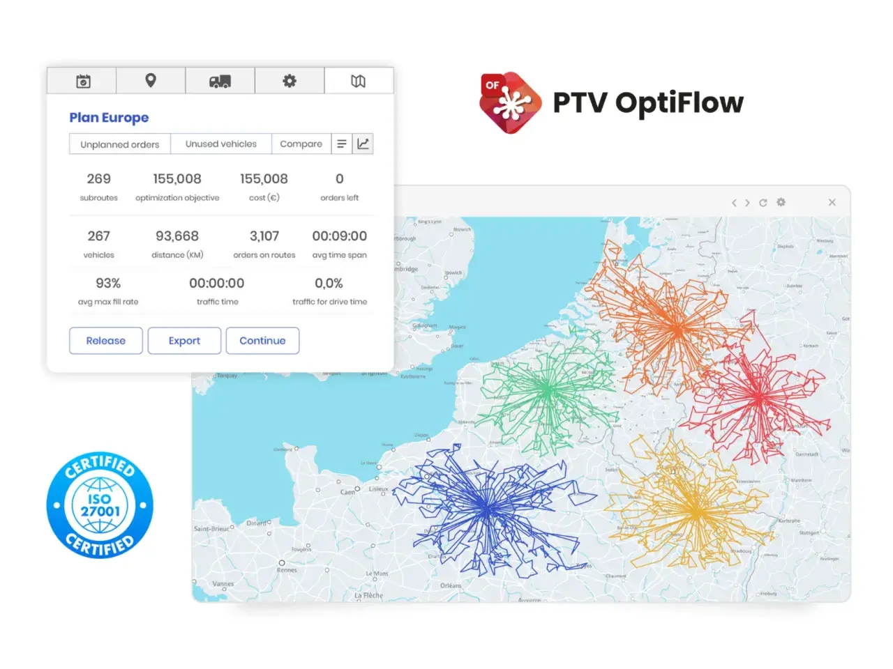 Planowanie trasy dla 267 pojazdów, optymalizacja 155 tys. km. Kolorowe linie na mapie pokazują efektywne trasy.