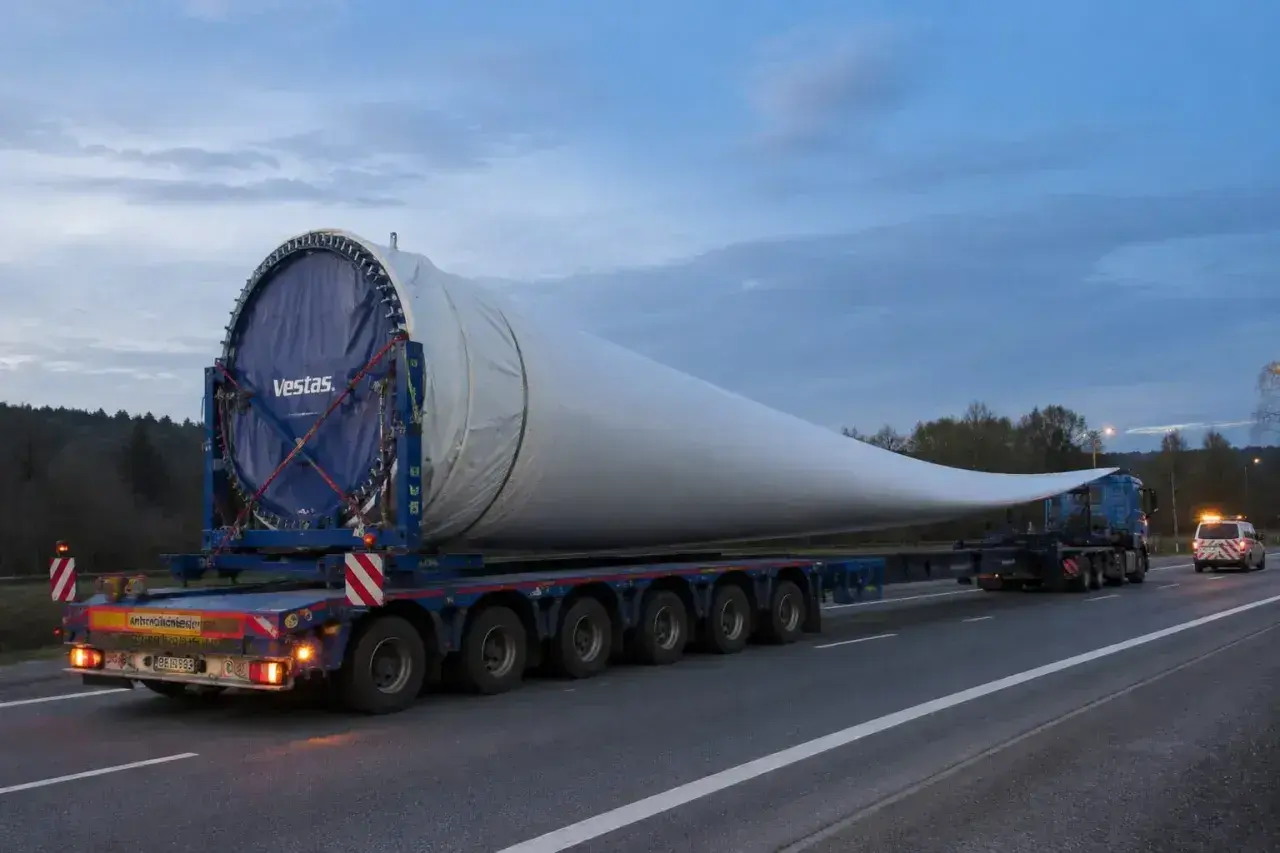 Długie łopaty turbiny wiatrowej Vestas transportowane na specjalnej naczepie. Konwencja tirów z takimi ładunkami to wyzwanie logistyczne.