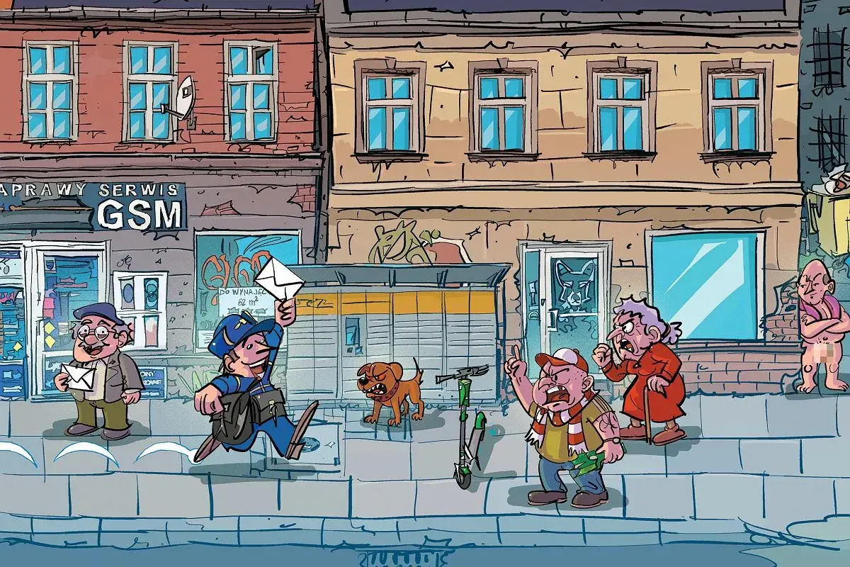 Następnego dnia listonosz radośnie biegnie z listem, mijając zdenerwowanych mieszkańców i szczekającego psa.