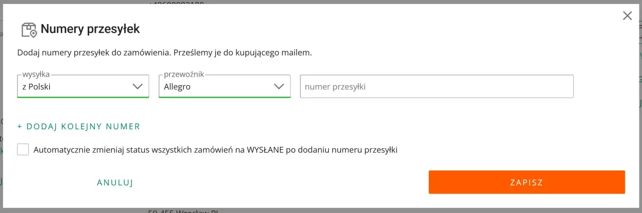 Dodaj numer przesyłki od kuriera. Wybierz kraj wysyłki, przewoźnika i wpisz numer.