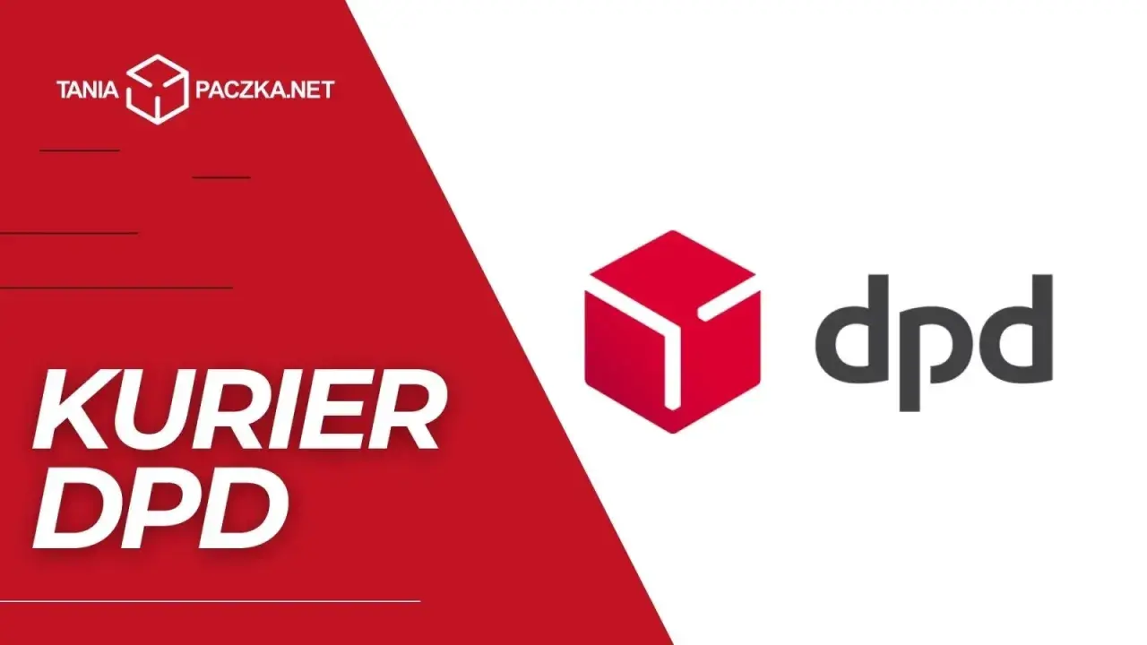 Logo DPD i napis "KURJER DPD" na czerwonym tle. Tani kurier DPD.