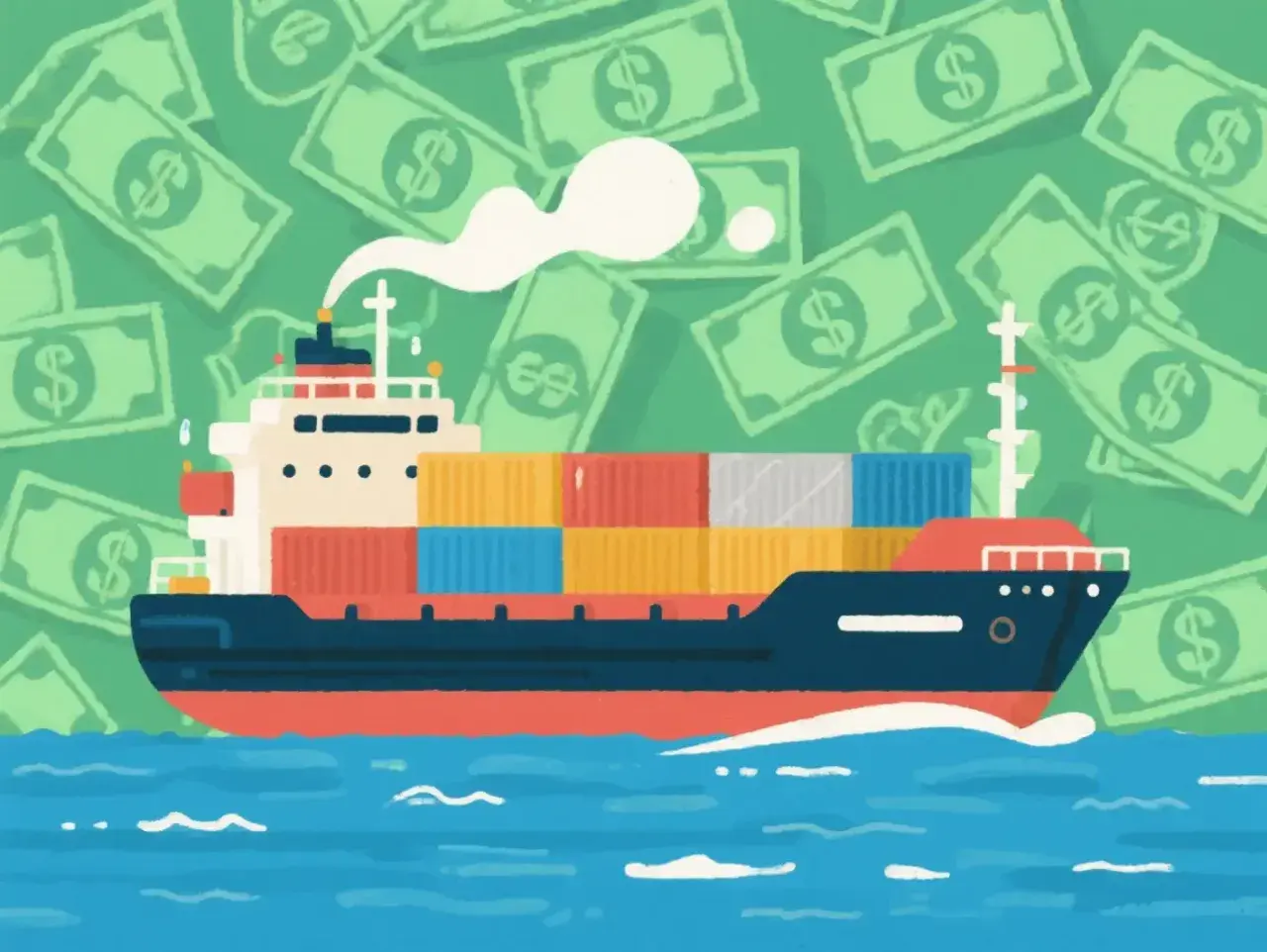 Statek towarowy z kontenerami płynie po morzu, a w tle unoszą się banknoty. Ilustracja wyjaśnia, czym jest demurrage.