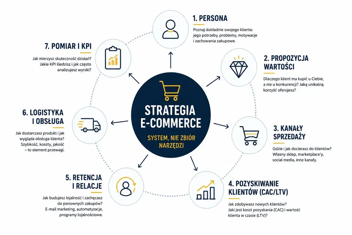 Schemat strategii e-commerce: od persony klienta, przez propozycję wartości, kanały sprzedaży, pozyskiwanie i retencję klientów, po logistykę i pomiar KPI. Kluczowa jest mikrologistyka.