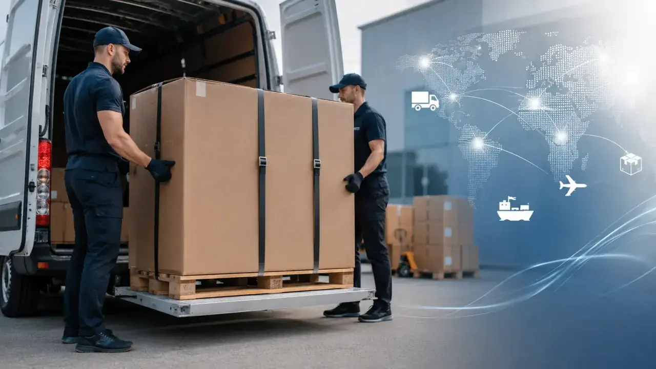 Dwóch mężczyzn ładuje dużą paczkę na palecie do ciężarówki. Globalna sieć logistyczna z ikonami transportu sugeruje tanią paletę w akcji.