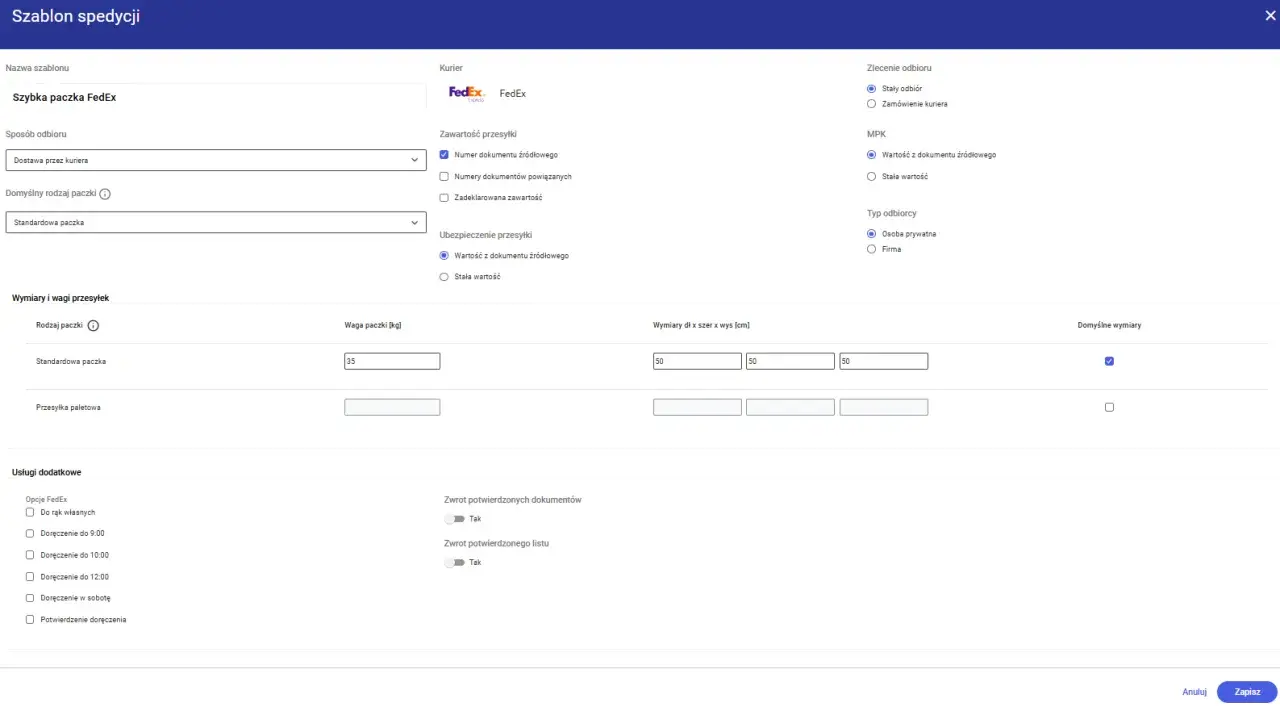Konfiguracja szablonu "Szybka paczka FedEx" dla **fedex przekierowanie**. Ustawienia odbioru, wagi, wymiarów i dodatkowych usług.