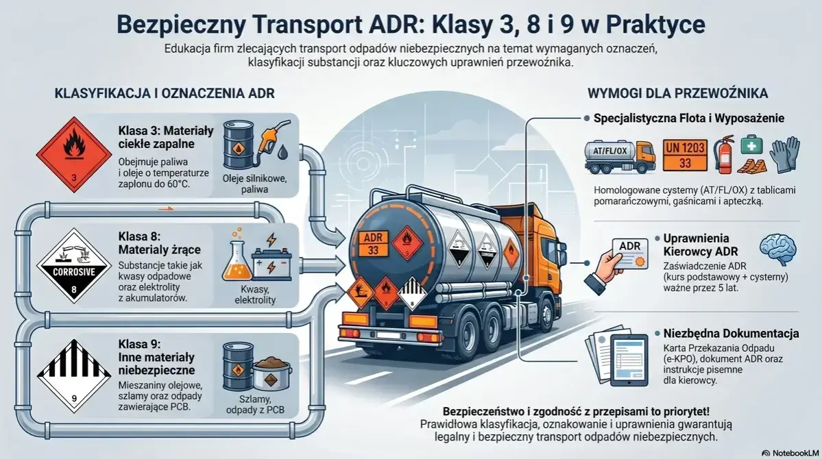 Ciężarówka ADR przewozi materiały niebezpieczne klas 3, 8 i 9. Ilustracja pokazuje oznaczenia ADR, wymagania dla kierowcy i dokumentację.
