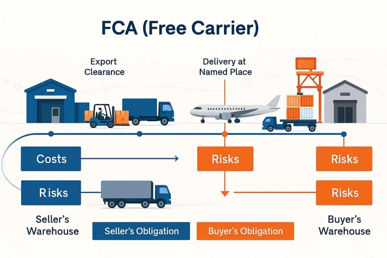 Schemat FCA (Free Carrier) pokazuje podział kosztów i ryzyka między sprzedawcą a kupującym. Kluczowe są warunki dostawy FCA.