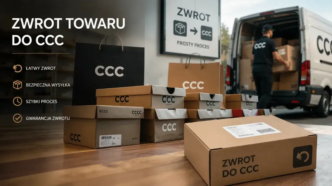 Łatwy zwrot towaru do CCC. Stos pudeł i toreb z logo CCC, kurier ładuje paczki do vana. Prosty proces zwrotu.