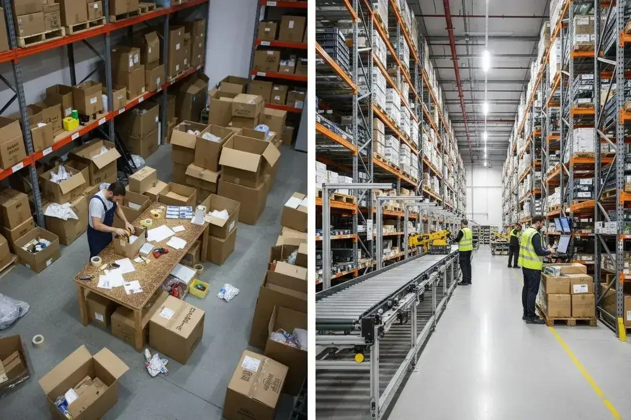 Magazyn z produktami, pracownik pakuje zamówienia, taśma produkcyjna i pracownicy obsługujący usługi e-commerce.