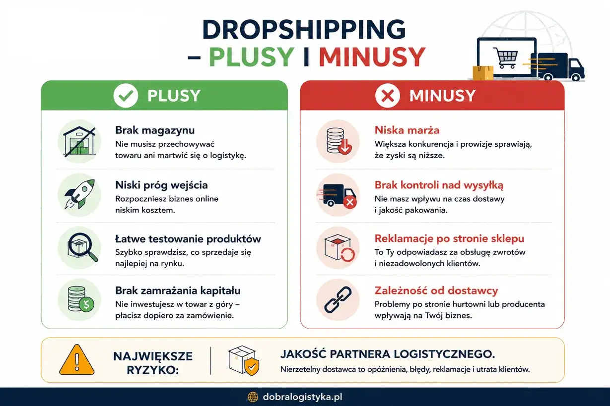 Jak zacząć dropshipping? Grafika porównuje plusy (brak magazynu, niski próg wejścia) i minusy (niska marża, brak kontroli nad wysyłką) tego modelu biznesowego.