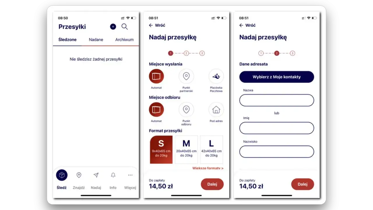 Aplikacja mobilna do nadania paczki Pocztex. Wybór miejsca wysyłki, odbioru i formatu.