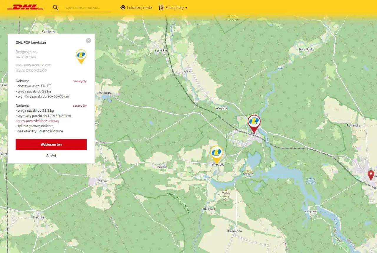 Mapa z zaznaczonymi punktami odbioru i nadania paczek. Możliwe zwroty Zalando przez DHL.