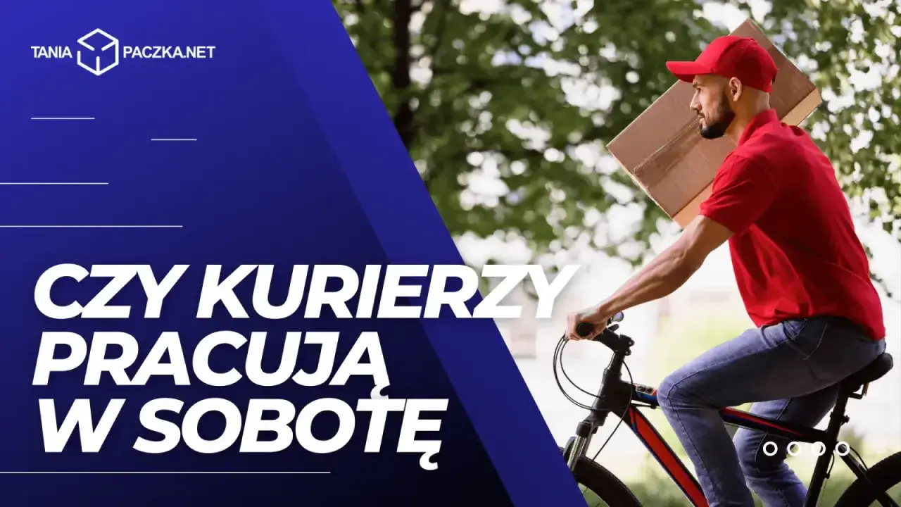 Kurier na rowerze z paczką na ramieniu. Czy kurierzy pracują w sobotę? Tania paczka.