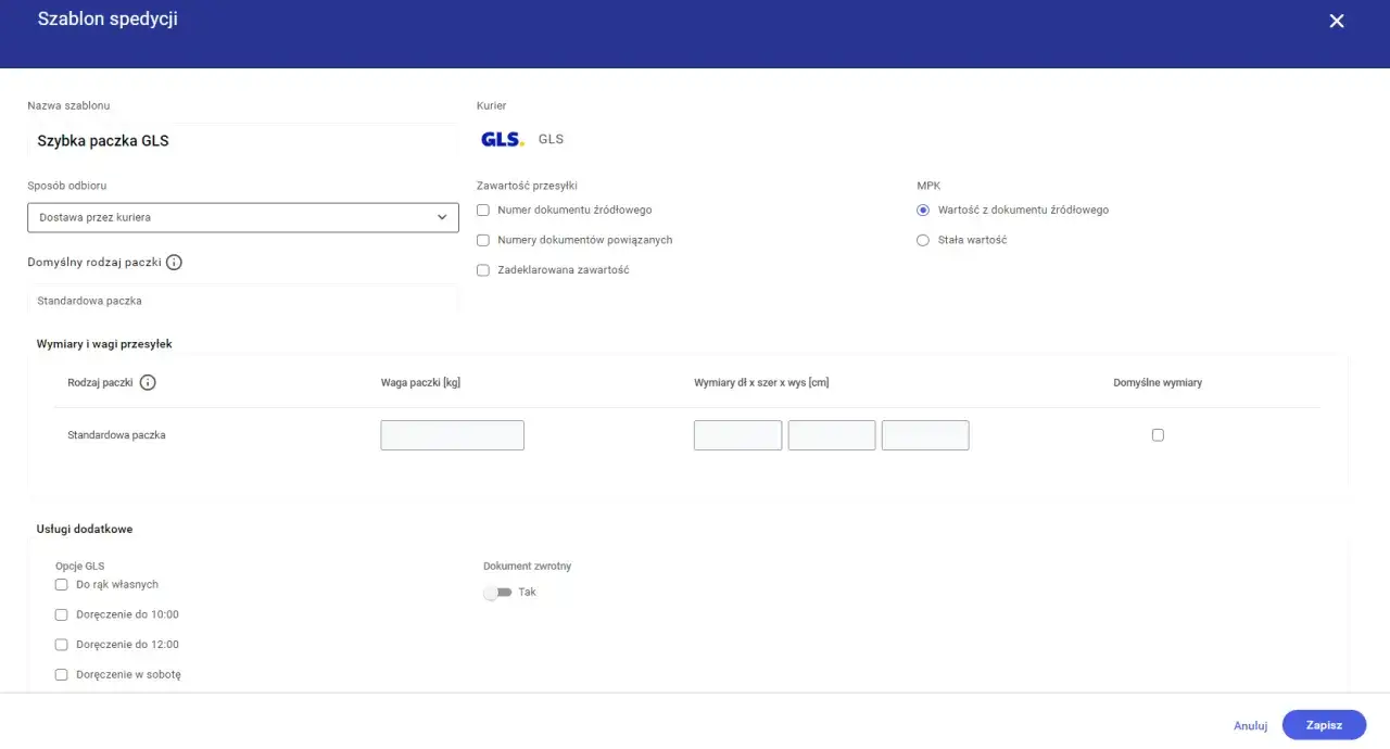 Szablon spedycji GLS: ustawienia dla paczek, w tym domyślne wymiary i wagi przesyłek.
