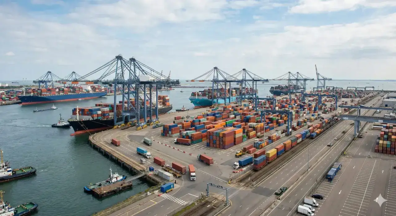 Duży port kontenerowy z dźwigami, statkami i ciężarówkami. To miejsce, gdzie odbywa się wysyłka palet za granicę.
