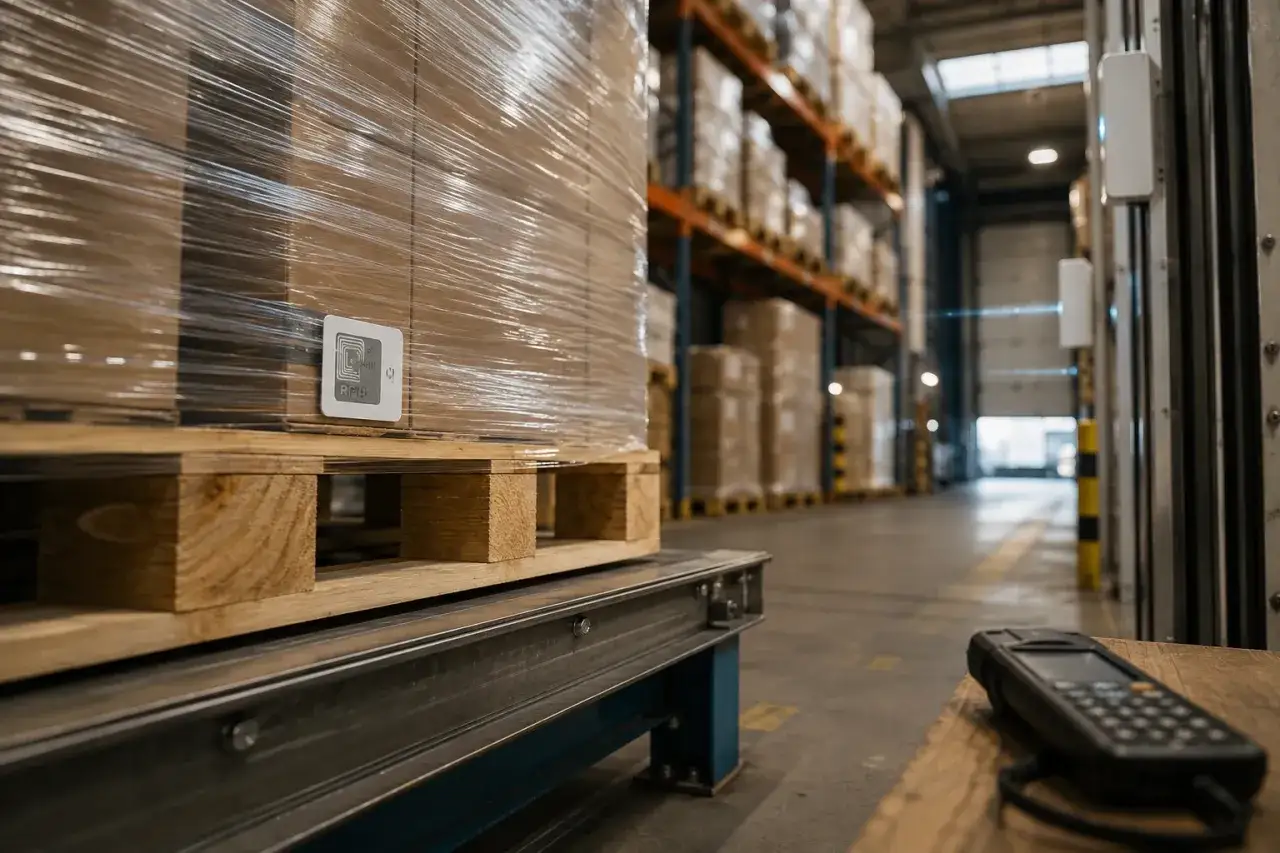 Paleta z paczkami owiniętymi folią, z widocznym tagiem RFID. W tle regały magazynowe i skaner, gotowe do pracy dla kuriera Pallex.
