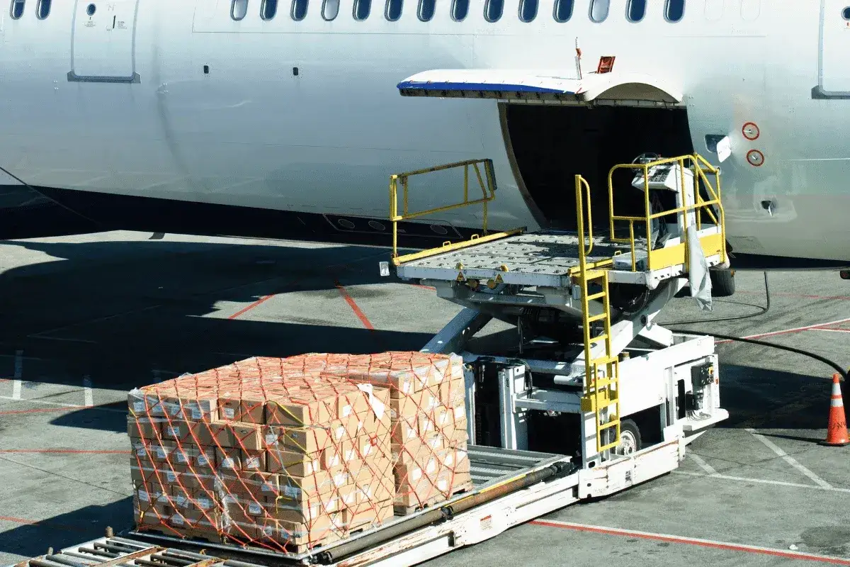 Ładunek kartonów na wózku podnośnikowym czeka na załadunek do samolotu. To jest iata co to.